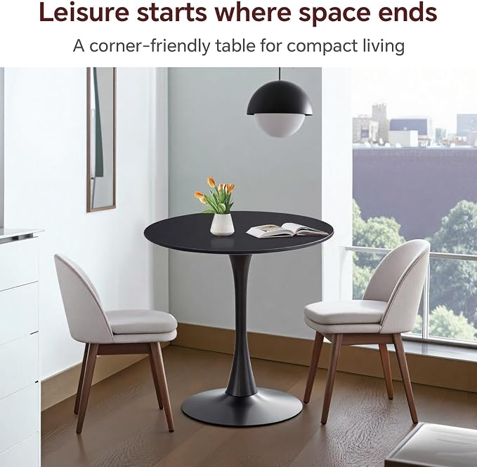 Round Dining Table 27.5" Black Tulip Table with Pedestal Base for 2-4 People Small Space - Kitchen Living Room Cafe