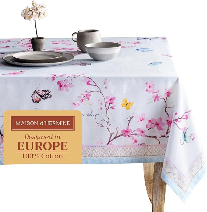 Maison d' Hermine Table Cloth Rectangle Table 100% Cotton 70 x 90 Inches Tablecloth Reusable Decorative for Dining Room Farmhouse Home Valentines Day Decorations Spring Summer - Blossoms in Spring