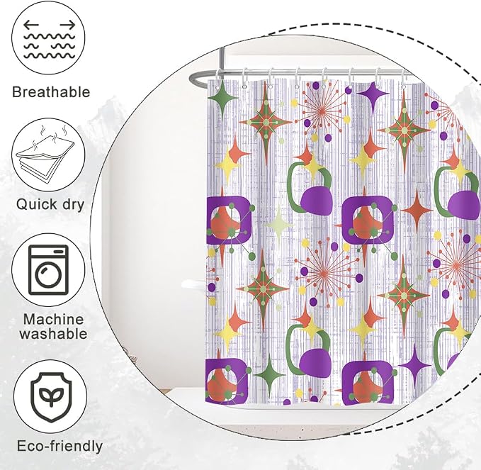 Mid Century Shower Curtain, 60x72inch, Modern Abstract Retro Purple Striped Geometric Shower Curtain Sets 1950s Boho Bathroom Shower Curtain with 10 Hooks