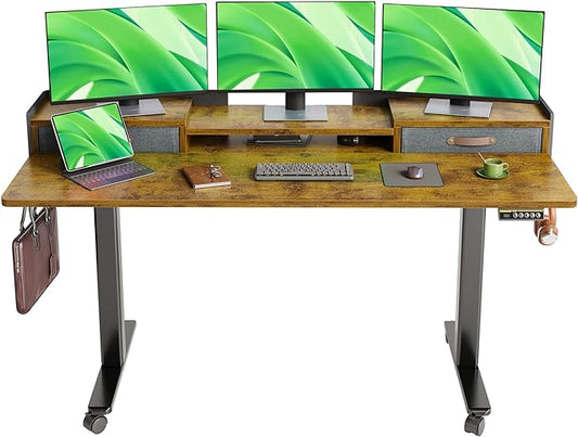 Claiks Standing Desk with Drawers, Adjustable Stand Up Electric Standing Desk Adjustable Height with Storage Shelf and Splice Board, 63 Inch, Rustic Brown