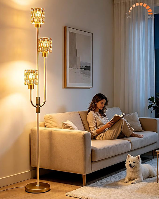 66IN Glass Floor Lamp 3-Lights Modern Gold Dimmable Floor Lamps with 3000K Warm White Bulbs for Wedding Party Modern Standing Tall Lamp with Amber Glass Shade for Living Room/Bedroom/Home Decor