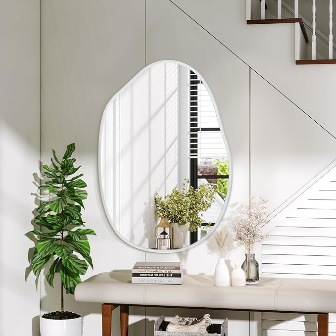 Asymmetrical Bathroom Mirror Irregular Wall Mirror Modern Metal Frame Unique Shape Wall Mounted Vanity Artistic Mirrors Decorative for Living Room Bedroom Entryway 22"x30" Large White