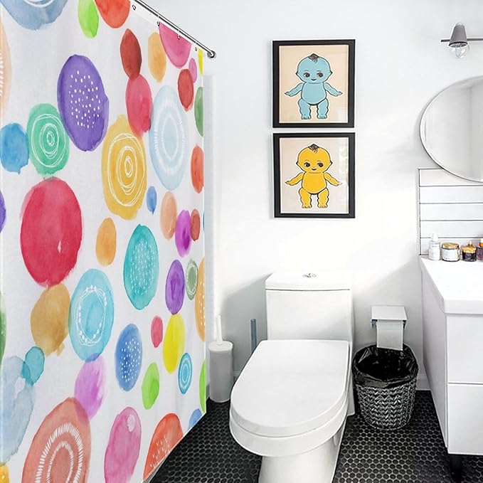 Colorful Shower Curtain for Girls Bathroom, Watercolor Rainbow Cartoon Abstract Circle Polka Dots Splashes Cute for Baby Kids Waterproof Fabric Shower Curtain Set with Hooks, 72"x84" Inch