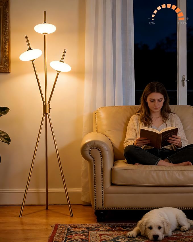 Lightdot Tripod Floor Lamp Stepless Dimmable Gold Standing Tall Lamps with 3PCS Elliptical Lampshades Mid Century Modern Floor Lamps for Living Room/Bedroom/Sofa Beside/Corner Decor