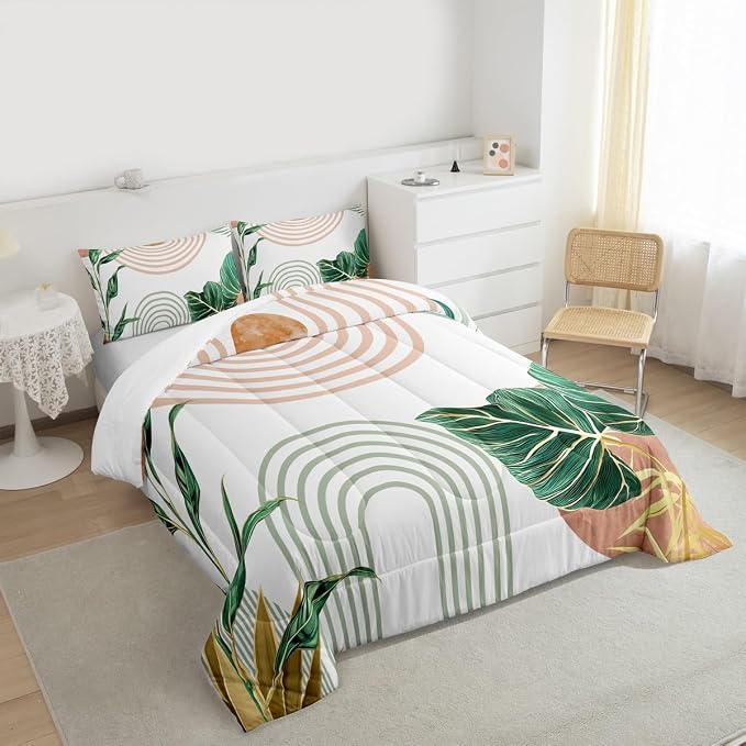 Erosebridal Pink and Green Boho Comforter Set King Aesthetic Mid Century Bedding Set for Kids Boys Girls Simple Line Botanical Leaf Art Comforter Modern Minimalist Tropical Quilt Duvet