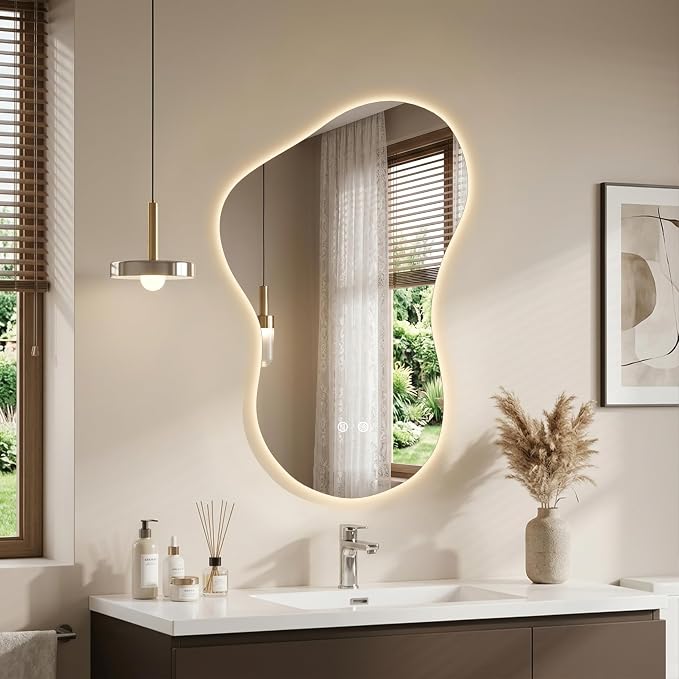 24×36 Irregular Backlit Mirror Asymmetrical Bathroom Mirror with Lights LED Dimmable Mirror for Bathroom Makeup Area