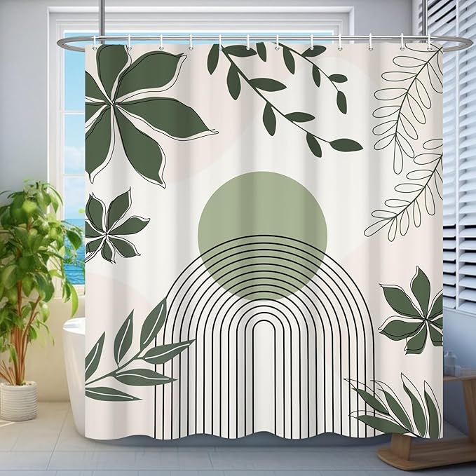 Boho Shower Curtain Modern Abstract Green Leaves Sun Bathroom Curtain Minimalist Geometric Arch Nature Fresh Decor Shower Curtain Waterproof Fabric with Hooks 72x72