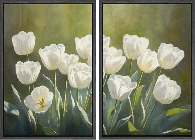 IDEA4WALL Framed Canvas Print Wall Art Set White Tulip Floral Botanical Bloom Illustrations Modern Art Decorative Bohemian Calm/Zen for Living Room, Bedroom, Office - 16"x24"x2 Black