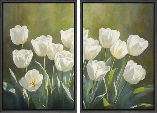 IDEA4WALL Framed Canvas Print Wall Art Set White Tulip Floral Botanical Bloom Illustrations Modern Art Decorative Bohemian Calm/Zen for Living Room, Bedroom, Office - 24"x36"x2 Black