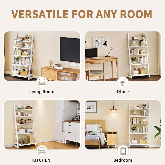 Uniclinens White Wooden Ladder Shelf, 5-Tier Leaning Bookshelf, Ladder Bookshelf for Compact Spaces, Leaning Bookcase for Living Room, Bedroom, Home Office