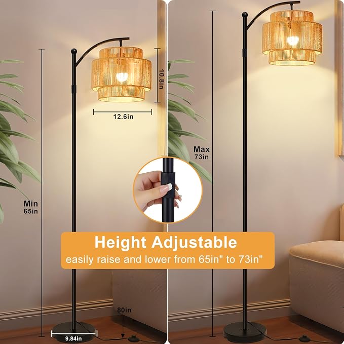 Vinaco Adjustable Height Floor Lamp Rattan 3 Color Temperature,Dimmable Tall Boho Floor Lamps with Remote & Foot Switch, Rotating Lamp Shade Wicker Arc Standing Lamp for Living Room Bedroom Lights