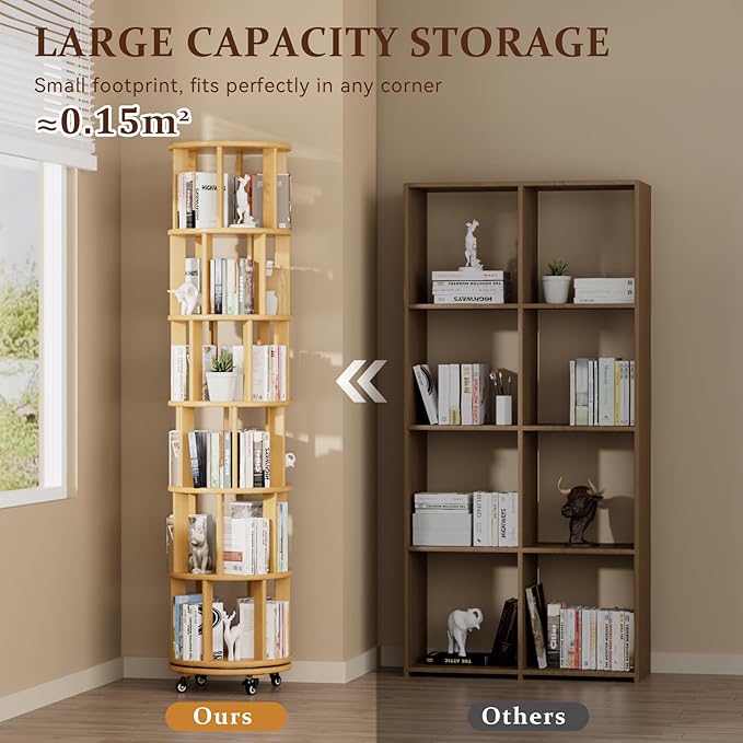 Rotating Bookshelf Tower with Wheels, 6 Tier Solid Wood Round Spinning Bookshelf Tower, 360° Revolving Bookcase Rolling for Kids Adult, Rotation Book Shelf for Bedroom, Living, Office, Corner, Natural