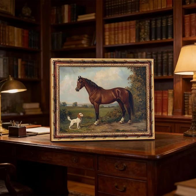 Vintage Horse and Dog Wall Art with Gold Antique Frame, Classic Western Farmhouse Painting Print, Rustic Country Home Decor Picture Wall Art 16×24 Inch