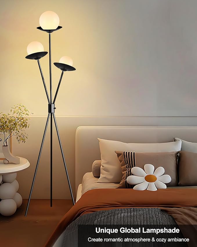 Lightdot Tripod Floor Lamp Dimmable Globe Floor Lamps with 3 LED Bulbs, 3000K Soft Warmwhite Mid Century Modern Standing Lamps Black Tall Lamp for Living Room/Bedroom/Sofa Beside/Corner Decor