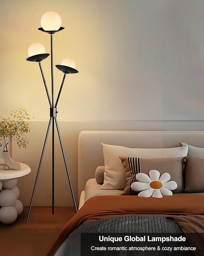 3 Globe Dimmable Tripod Floor Lamp, Mid Century Standing Lamps with 3Pcs 3000K Bulbs Included, Modern Black Tall Lamp for Living Room Bedroom Home Office Sofa Beside Corner Decor