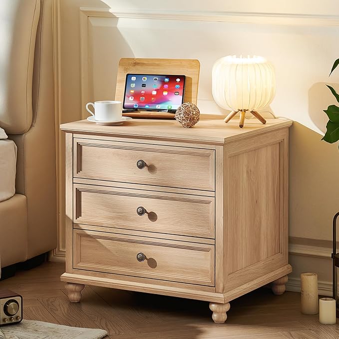 24" Wide Farmhouse Night Stand,Large End Table with 3 Drawers & Metal Handle,Natural Wood Dresser for Bedroom Cabinet, Bed Side Table Chest of Drawers,Nightstand for Living Room,Close