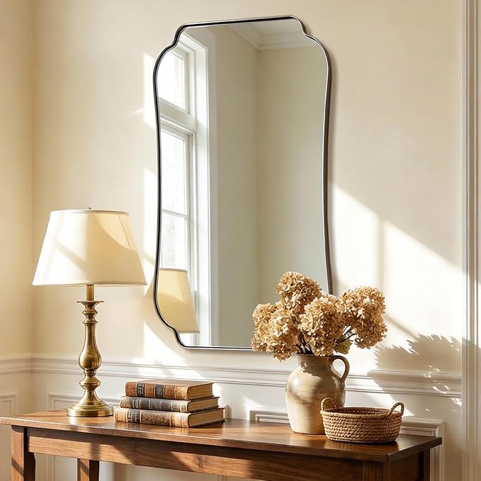 ANDY STAR 24"x40" Chrome Mirror, Scalloped Bathroom Wall Mirror in Anti-Rust Stainless Steel Metal Frame 1’’ Deep, Hangs Vertically/Horizontally