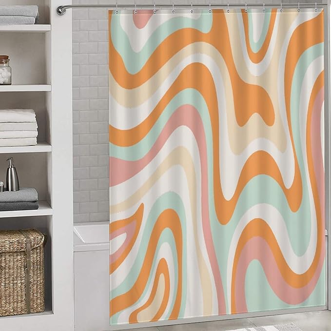 70s Swirl Shower Curtain for Bathroom, Retro Hippie Groovy Orange Colorful Wave Abstract Funky Trippy Vintage Boho Aesthetic Waterproof Fabric Shower Curtain Set with Hooks, 72"x78"