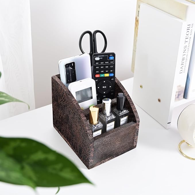Rustic Vintage Wooden Desk Organizer Farmhouse Wood Remote Control Caddy 3 Slot Tabletop Desktop Office Supply Storage Rack Desktop TV Remote Control Holder Home Decor Office Supplies (Metallic color)