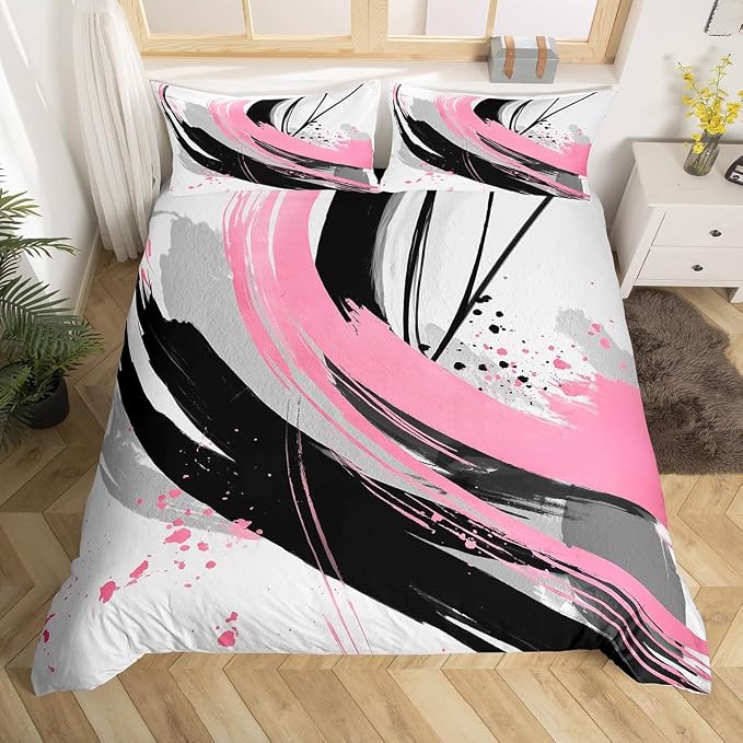 Erosebridal Black and Pink Duvet Cover King - Geometric Decorative Abstract Bedding Striped Bed Set for Girls Boys Adults Watercolor Minimalists Graffiti Aesthetic Lines Bed Cover