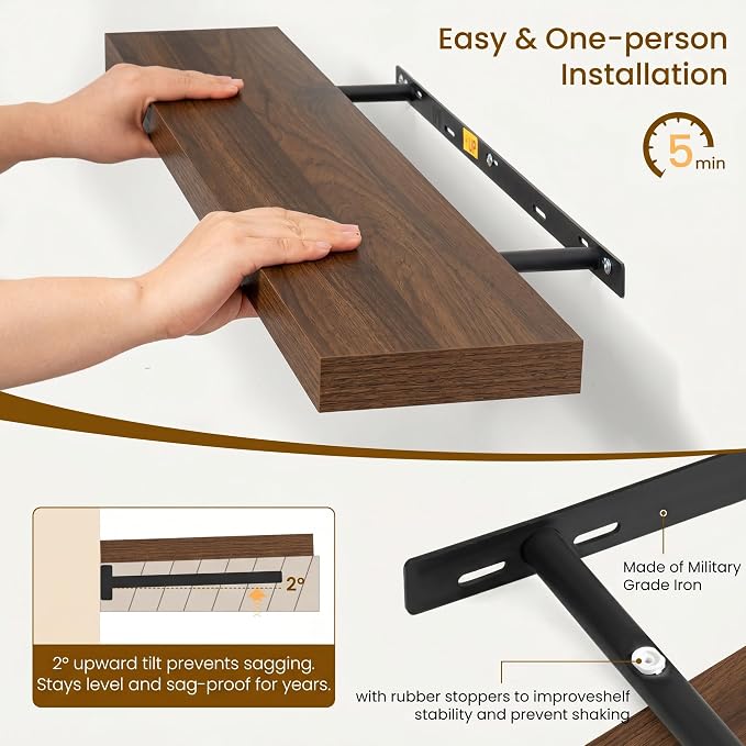 Dreamland Floating Shelves for Wall, Rustic Walnut Floating Shelves for Bathroom|Bedroom|Kitchen, Deep Wall Mounted Book Shelf, Wood Storage Display Shelf for Home Decor, Set of 2