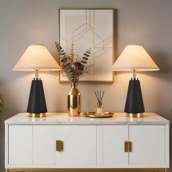 18.11 Inch Black Modern Table Lamp, Beige Fabric Shade with PU Leather Base, Home Decor Lamp for Kitchen Counter, Bedroom, Nightstand, Desk Lighting, Bookshelf, Living Room, Kids Dorm