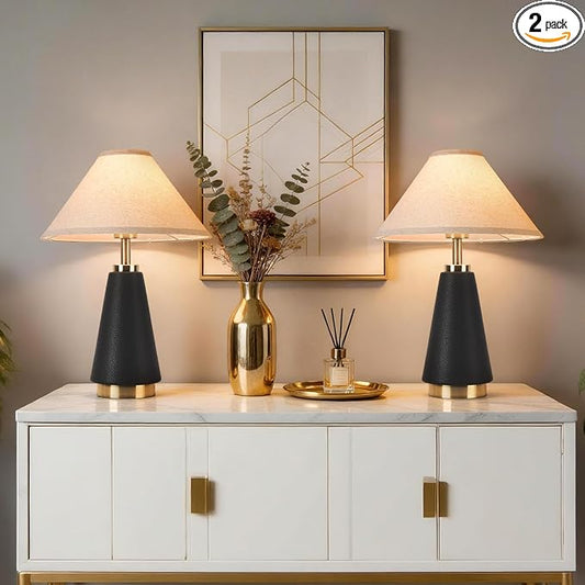 18.11 Inch Black Modern Table Lamp Set of 2, Beige Fabric Shade with PU Leather Base, Home Decor Lamp for Kitchen Counter, Bedroom, Nightstand, Desk Lighting, Bookshelf, Living Room, Kids Dorm