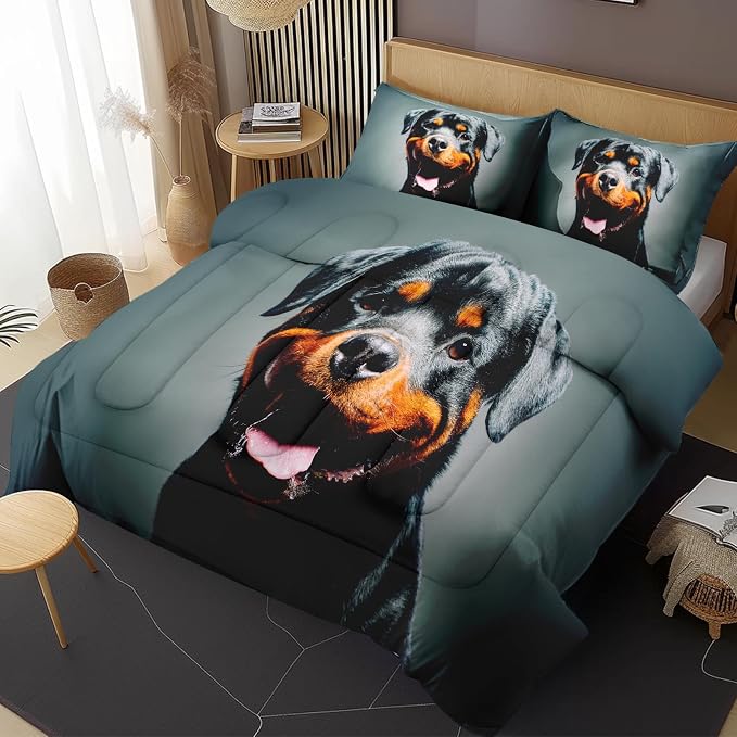 Comforter Set with 2 Pillowcases King Size, Cute Happy Grey Rottweiler Dog, Bed Decor Black Arctic Animal for Kids and Adults, Soft Cozy Bedroom Bedding Set