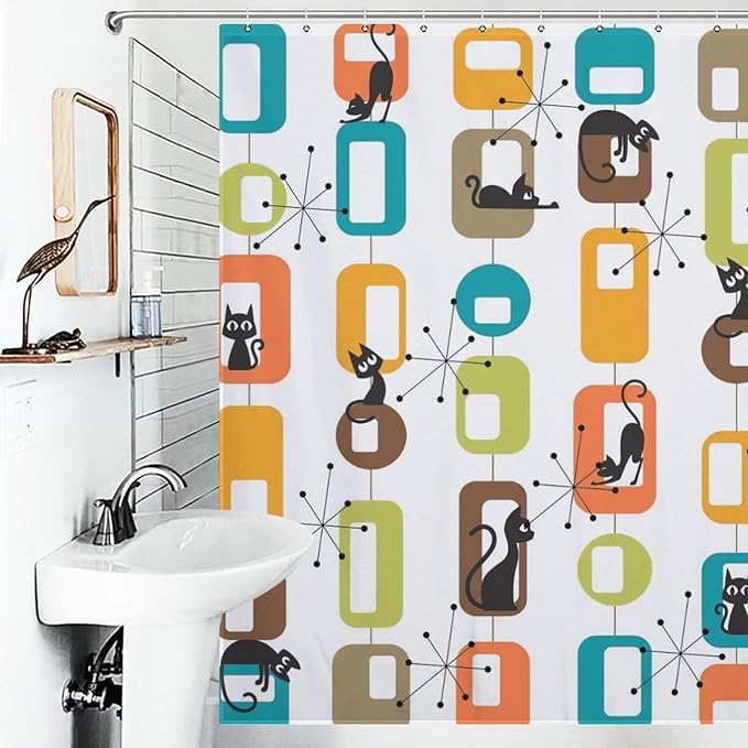 Cats Shower Curtains Mid Century Retro Atomic Black Cat Geometric Abstract Cubes Pattern Duty Fabric Shower Curtain Set Bathroom Polyester Waterproof with 12 Hooks,72x72Inch（183x183cm）