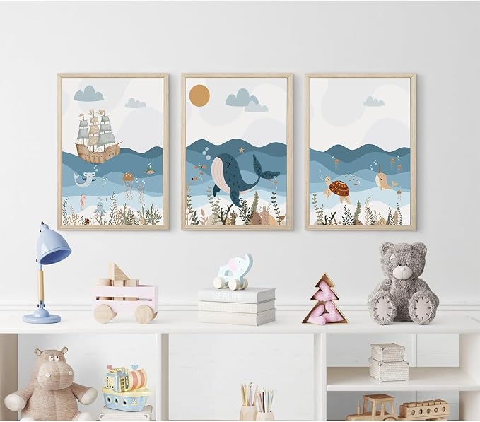 Ocean Nursery Wall Art Pictures Blue Nautical Canvas Art Beach Animal Wall Decor Baby Boys Room Wall Art Sea Whale Prints Ocean Nautical Poster for Nursery Baby Room 12x16 Inch Set of 3 Wood Framed