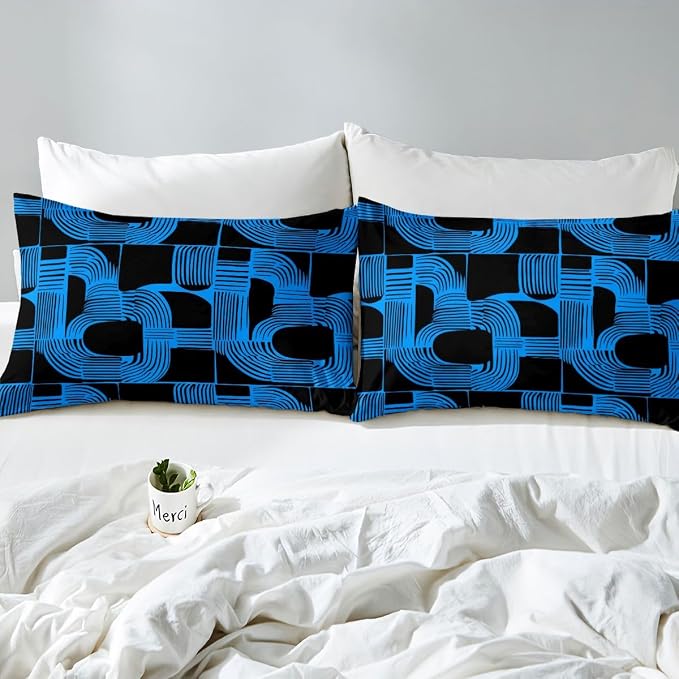 Erosebridal Black and Blue Duvet Cover Full Size for Boys Bohemian Geometric Bedding Set Mid Century Abstract Comforter Cover for Kids Teens Youth Women Boho Stripes Minimalist Bed Sets, Breathable