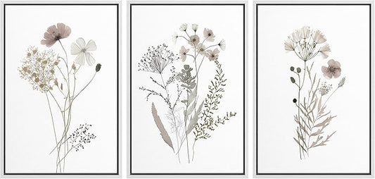 MUDECOR Framed Canvas Print Wall Art Watercolor Wildflower Art Print, Floral Botanical Prints, Minimalist Art, Modern Farmhouse for Bedroom - 16"x24"x3 White