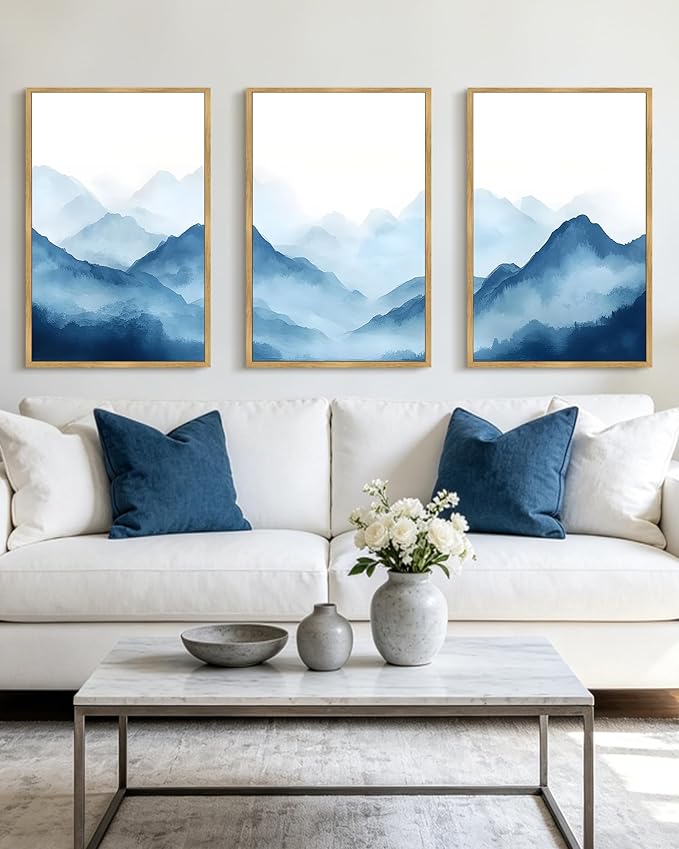 KUVIOKE Blue Watercolor Mountains in Fog Framed Wall Art Wilderness Nature Landscape Painting Rustic Scenic Relax Cool Room Decor for Bedroom Dining Room 24x36in (Natural Framed)