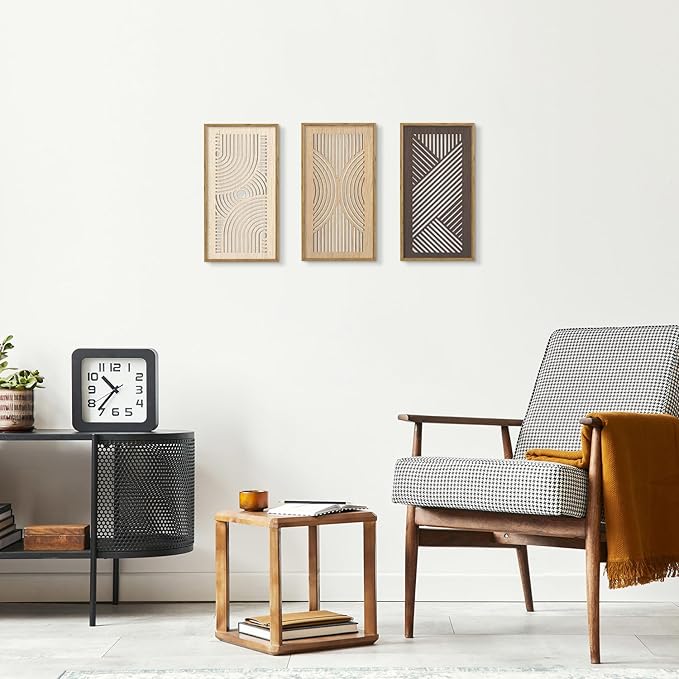 HPNIUB 3 PCS Boho Wall Decor, Minimalist Mid Century Abstract Geometric Line Carved Hanging Wood Sign for Living Room, 8x16Inch Modern Wooden Plaque Wall Art for Bedroom Office Apartment Decoration