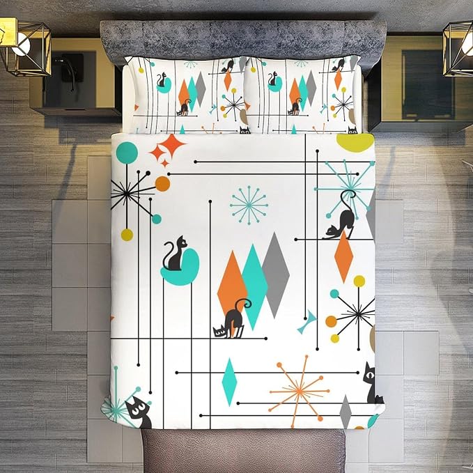 Mid Century Duvet Cover Sets Vintage Black Cat Modern Style Printed Lightweight Soft Quilt Cover Abstract Geometric Minimalist Soft Microfiber 3 Piece (1 Duvet Cover 90x90in + 2 Pillow Sham 20x30in)