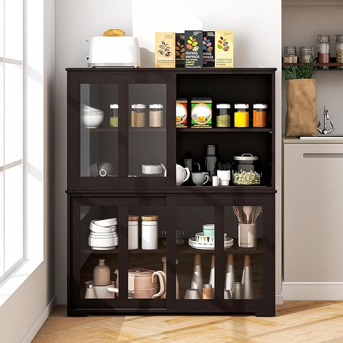 Byroce Sideboard Buffet Cabinet, Stackable Storage Coffee Bar Cabinet with Adjustable Shelf & Glass Sliding Doors, Wood Cupboard Credenza Console Table for Kitchen Dining Living Room (2, Coffee)