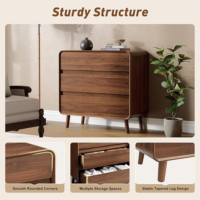 3 Drawer Dresser for Bedroom, Mid Century Modern Chests of Drawers, Curved Bedroom Dresser with Storage Drawer, Wooden Furniture for Living Room, Closet, Home Office,Walnut