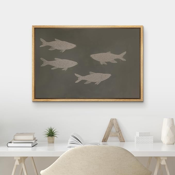 MUDECOR Framed Canvas Print Wall Art Abstract Minimalist Fish Line Illustrations Minimalism Decorative Bohemian Colorful Zen for Living Room, Bedroom, Office - 24"x36" NATURAL