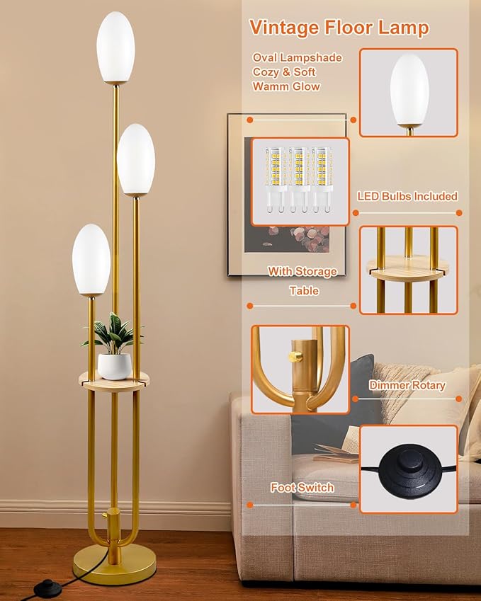 Lightdot Gold Dimmable Floor Lamp with Table, 63IN Mid-Century Oval Floor Lamps with Bulbs Included, 3-Lights Modern Tall Standing Lamp with 5Lbs Heavy Base for Living Room/Sofa Beside/Corner Decor