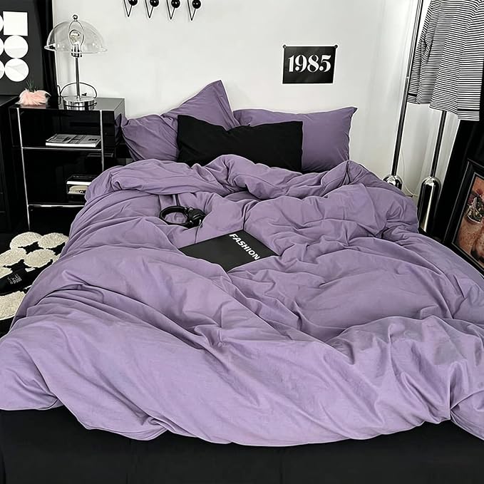 mixinni Solid Purple Duvet Cover Set Queen Size - 100% Washed Cotton 3-Piece Minimalist Bedding Set, Ultra Soft Breathable Solid Color Purple Comforter Cover with Zipper & Corner Ties, Full Size