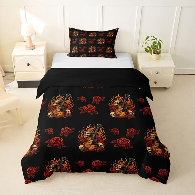 Erosebridal Guitar Rose Bedding Set Twin for Adults Women - Cool Skeleton Flame Duvet Cover Punk Rock Music Comforter Cover,Floral Gothic Skull Print Bed Set