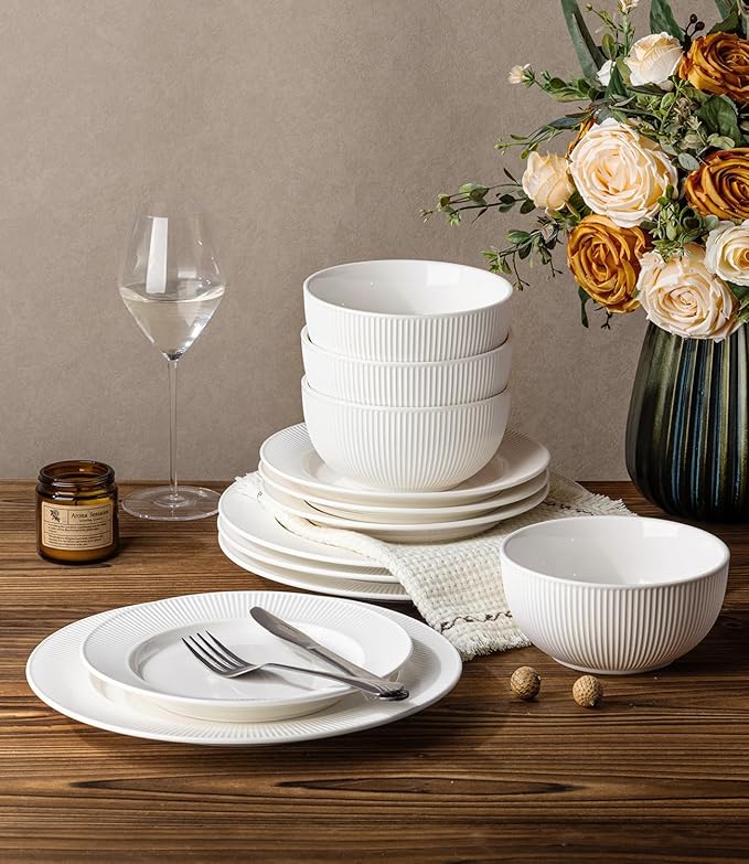 TheTerra Stoneware Dinnerware Sets for 6, 18 Pieces Ceramic Plates and Bowls Sets, Scratch Resistant Embossed Dish Set, Oven, Microwave & Dishwasher Safe, Bright White