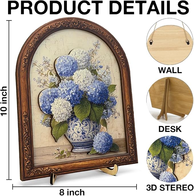 3D Vintage Hydrangea Floral Desk Decor Sign, Boho Vintage Flowers Framed Wall Art Sign for Home Bedroom Living Room Desk Wall Shelf Farmhouse Decor 8x10 Inch