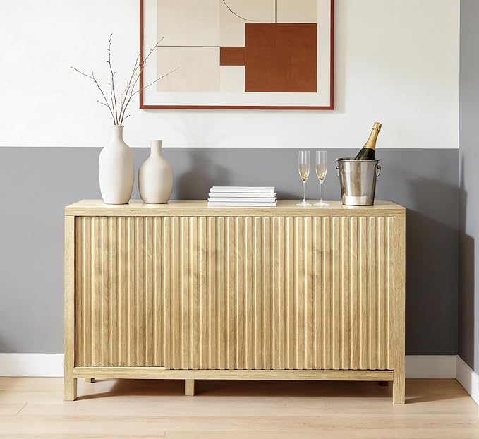 ZYBT Fluted Sideboard Buffet Cabinet with Storage, Modern Credenza Buffet Sideboards Bar Cabinet Console Table with Adjustable Shelves Slide Door for Living Room Hallway Kitchen Entryway (Oak)