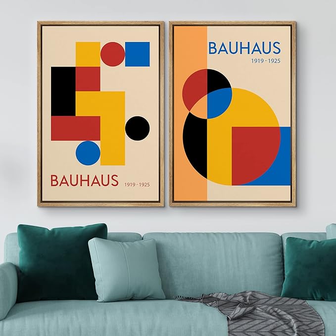 IDEA4WALL Framed Canvas Print Wall Art Set Bauhaus Mid-Century Geometric Block Polygons Abstract Shapes Illustrations Modern Art Decorative for Living Room, Bedroom, Office - 24"x36"x2 Natural