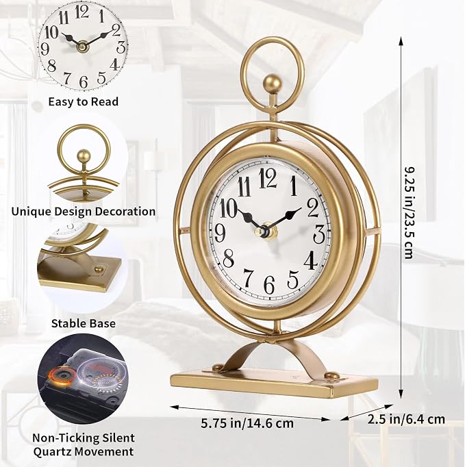 Vintage Table Clock on Stand, Decorative Metal Desk Clock, Small Antique Gold Silent Non-Ticking Battery Operated Farmhouse Shelf Table Clocks for Home Kitchen Bedroom Decor