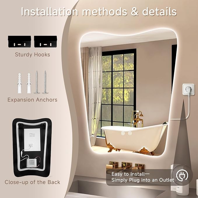 22“x30” Irregular Backlit Bathroom Mirror with Lights, Abstract Vanity Mirror with Lights, Anti-Fog Wall Mirror,Dimmable