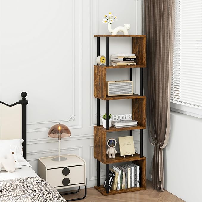IBUYKE 6-Tier Tall Bookshelf,S-Shaped Geometric Bookcase, Wood Display Shelves with Storage,Industrial Bookshelf for Living Room Bedroom, Home Office, Rustic Brown WBC016H