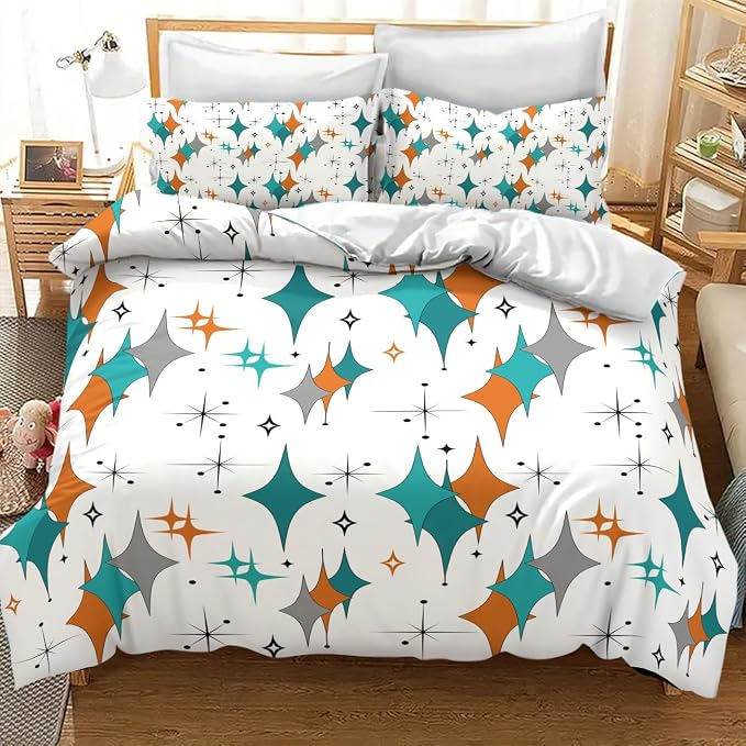 Mid Century Bedding Set,Modern Orange Blue Abstract Atomic Geometric Pattern Retro 1950s 1960s Style Comforter Set with Pillowcase for Bedroom Bed Decor,King 102"x90"