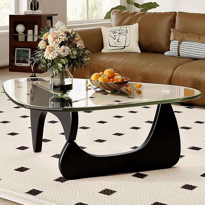 Modern Glass Coffee Table, 44.9"×32.3"×15.8" Triangle Center Table with Tempered Glass Top & Solid Legs, for Office Small Space Living Room